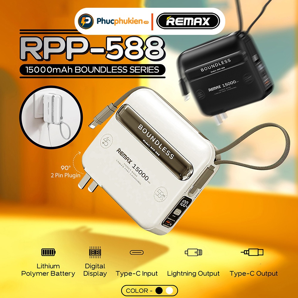 Remax Rpp 588 - Sạc dự phòng laptop 45w 15000mAh tích hợp cáp sạc type c 45w và lPhone 20w - Phúc Phụ Kiện Remax