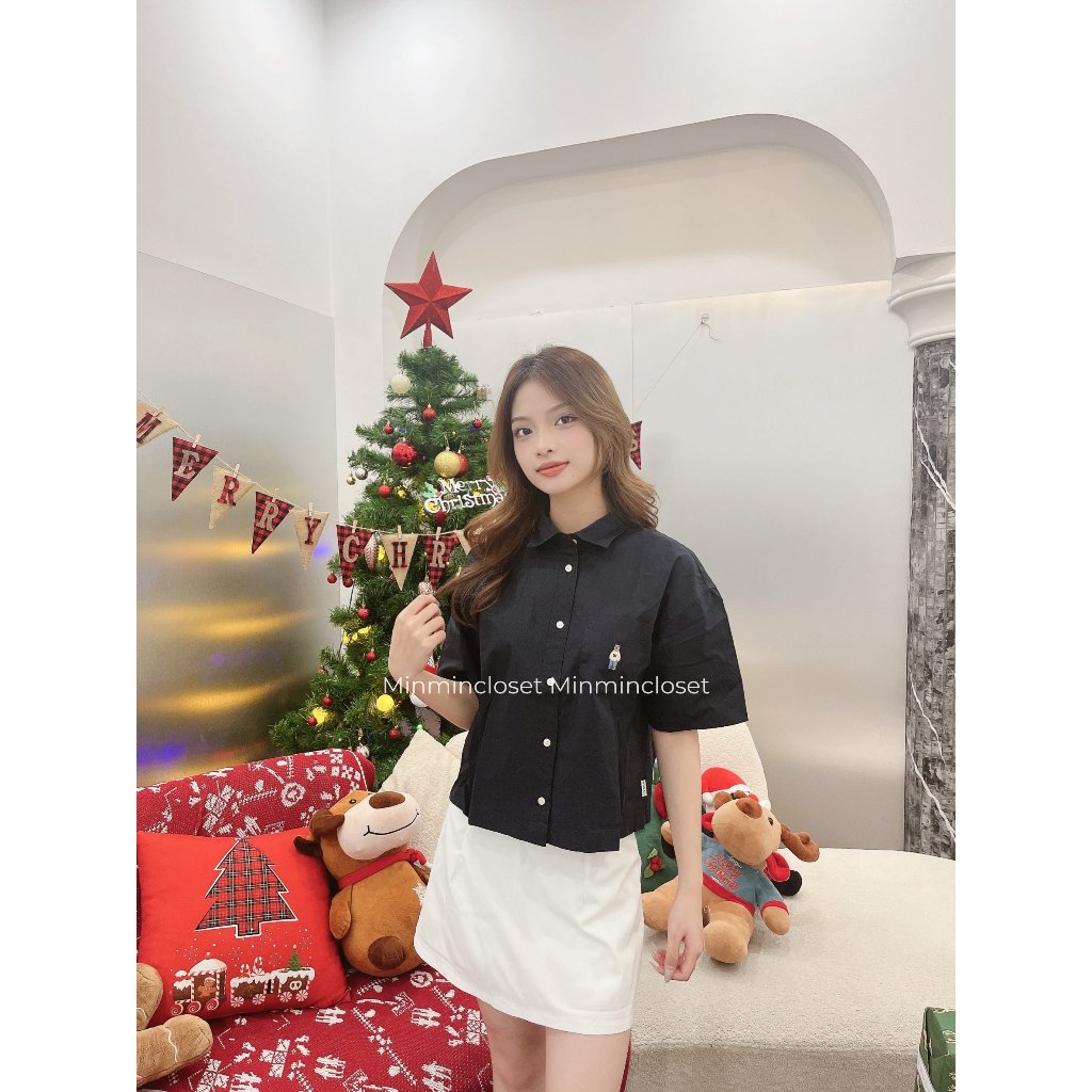Áo sơmi crop Whoau chính hãng form nữ phối túi ngực thêu gấu Steve chất cotton đi học đi chơi