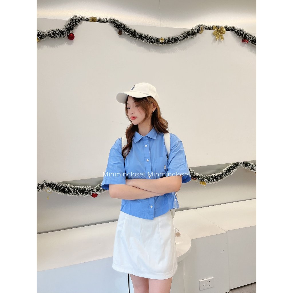 Áo sơmi crop Whoau chính hãng form nữ phối túi ngực thêu gấu Steve chất cotton đi học đi chơi