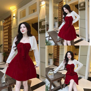 Đầm váy mặc Tết thời trang nữ chất NHUNG cứng cúp ngực cột nơ váy xoè kèm áo khoác len ren y mẫu tay dài