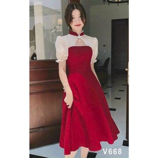 Đầm Nữ Khoét Ngực Phối Voan Đính Phụ Kiện Trước Cổ Thời Trang Sang Chảnh M1-153