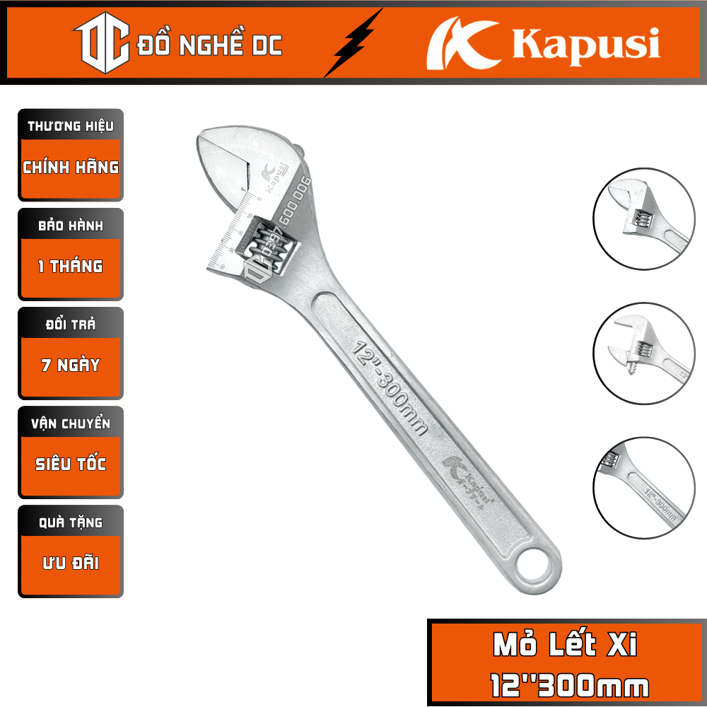 Mỏ Lết Xi, Mỏ Lết mạ Chrome 12''300mm K-7635 Kapusi Nhật Bản, Thép Crôm-Vanadium Công dụng tháo lắp ốc tán răng các loại