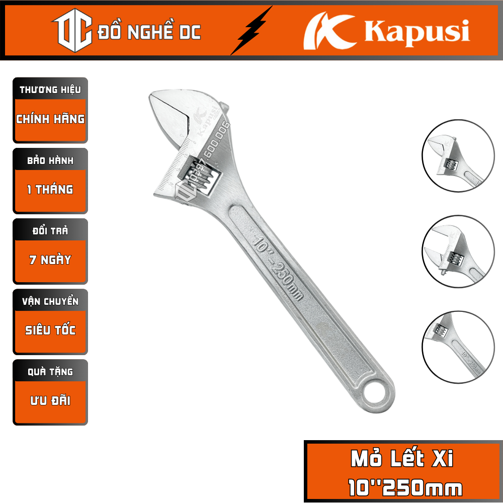 Mỏ Lết Xi, Mỏ Lết Mạ Chrome 10''250mm K-7634 Kapusi Nhật Bản, Thép Crôm-Vanadium,Công dụng tháo lắp ốc tán răng các loại