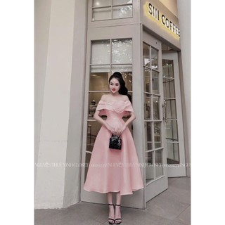Váy xòe trễ vai dự tiệc kết bông thiết kế công chúa siêu xinh