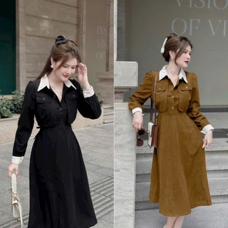 Đầm nữ xòe nhung tăm cổ sơ mi rút eo phối màu cổ dịu dàng, thanh lịch