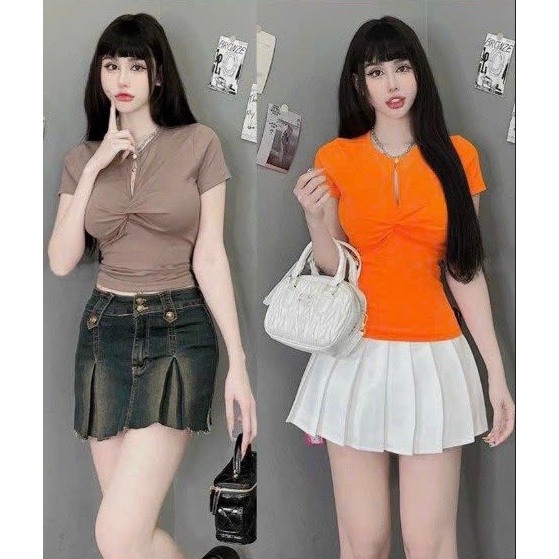Áo thun soắn ngực tay ngắn