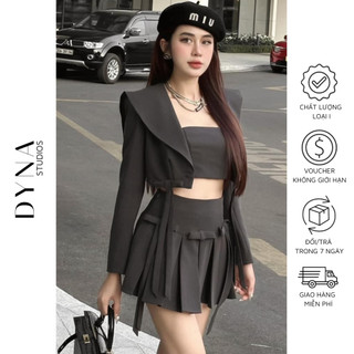 Set áo vest croptop vạt cổ thuỷ thủ đính nơ kèm quây 𝐀𝐒𝐇𝐘𝐋𝐄𝐘 phối chân váy xếp ly nơ