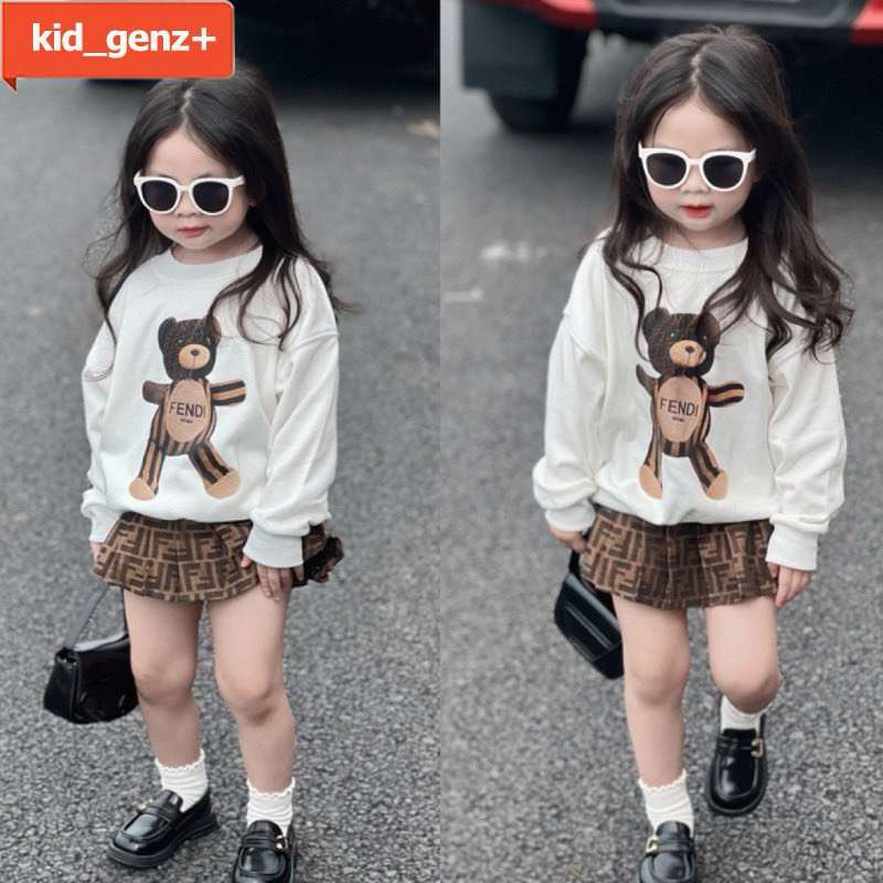 Bộ quần áo nỉ kèm chân váy gấu FD cho bé gái , set áo sweater unisex cho bé , Kid_genz