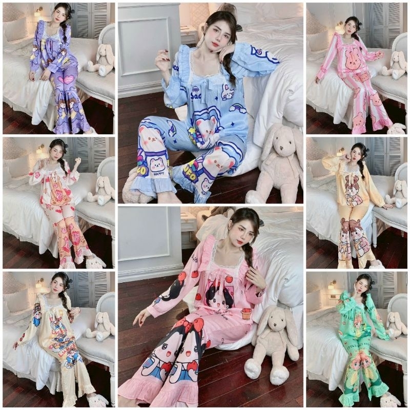 Đồ bộ cổ vuông phối ren tiểu thư tay dài xinh xắn, chất lụa xước loại 1 mềm mịn mát