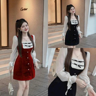 Đầm thời trang nữ mặc đi chơi Tết chất NHUNG phối tơ mềm ngực nhún và tay dài đính nơ váy xoè đen đỏ nút QC