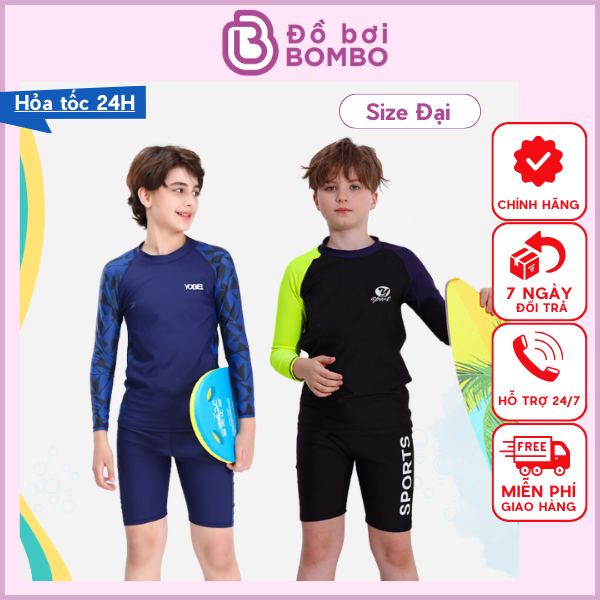 Áo bơi bé trai dài tay Size Đại tới 52 kg chống nắng chống UV phối trơn hiệu Yobel 3744