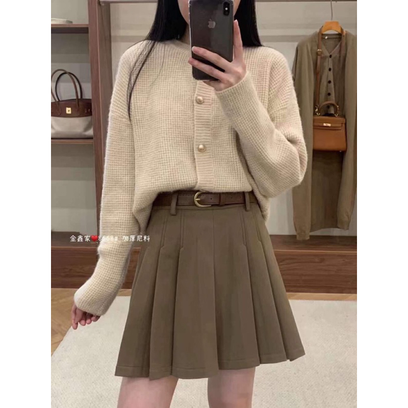 8668N CHÂN VÁY NGẮN DẠ MỊN XẾP LI HAI MẶT KÈM BELT