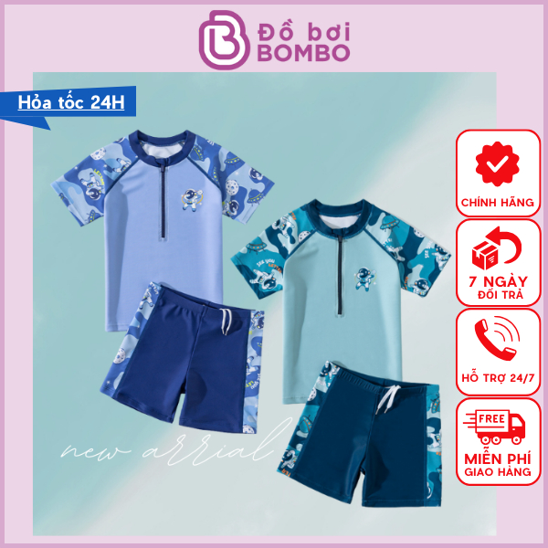 Đồ bơi bé trai tay ngắn dây khóa trước ngực tiện lợi hiệu YUKE họa tiết Phi hành gia YY2267
