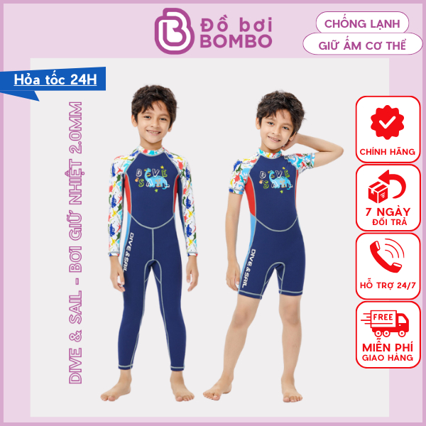 Đồ Bơi Giữ Nhiệt bé Trai Tay Dài Khủng Long dây kéo phía sau Caosu non dày 2mm hiệu Dive & Sail Giữ ấm cho bé yêu