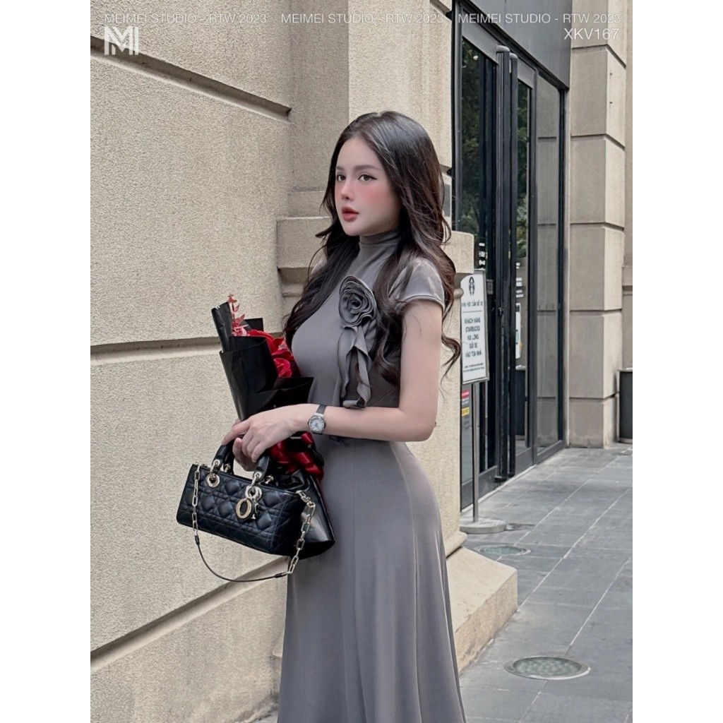 Đầm body maxi xòe tay ngắn cổ lọ ngực đính hoa chất thun gân tăm mềm mát sang chảnh