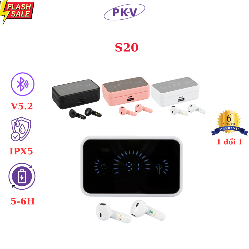 Tai nghe nhét tai S20 Bluetooth 5.2 không dây thể thao phối mặt gương với 3D Touch LED chống thấm nước