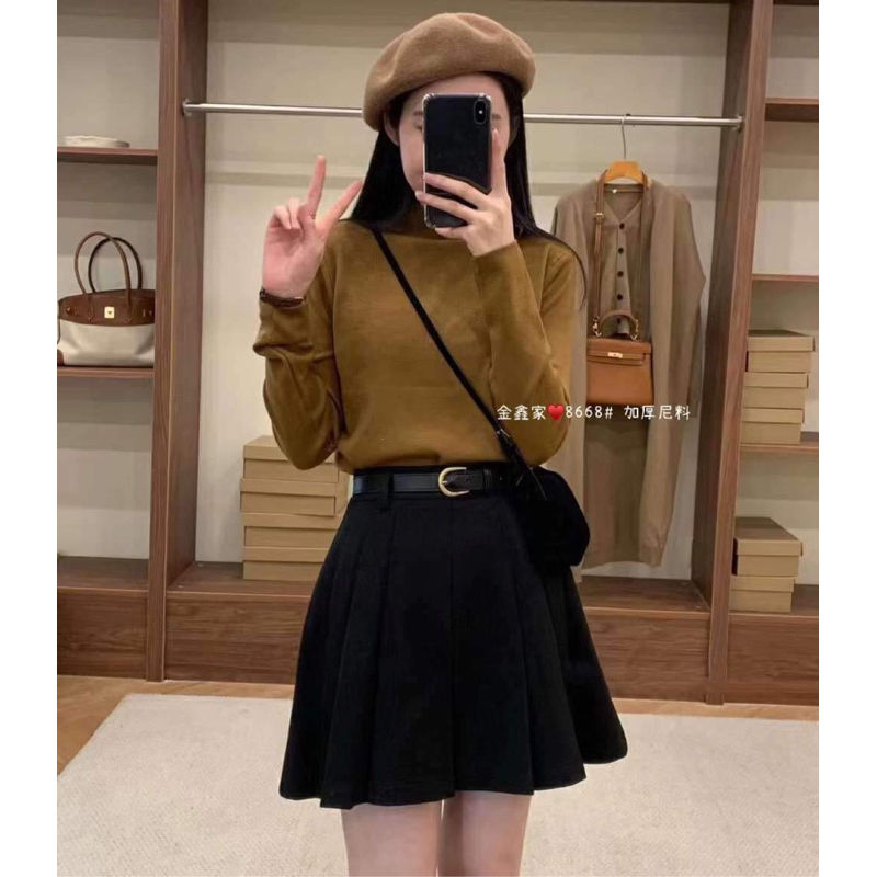 8668N CHÂN VÁY NGẮN DẠ MỊN XẾP LI HAI MẶT KÈM BELT