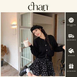 [Sẵn] Set áo len dệt kim cúc nơ + chân váy hoa nhí phong cách vintage M11