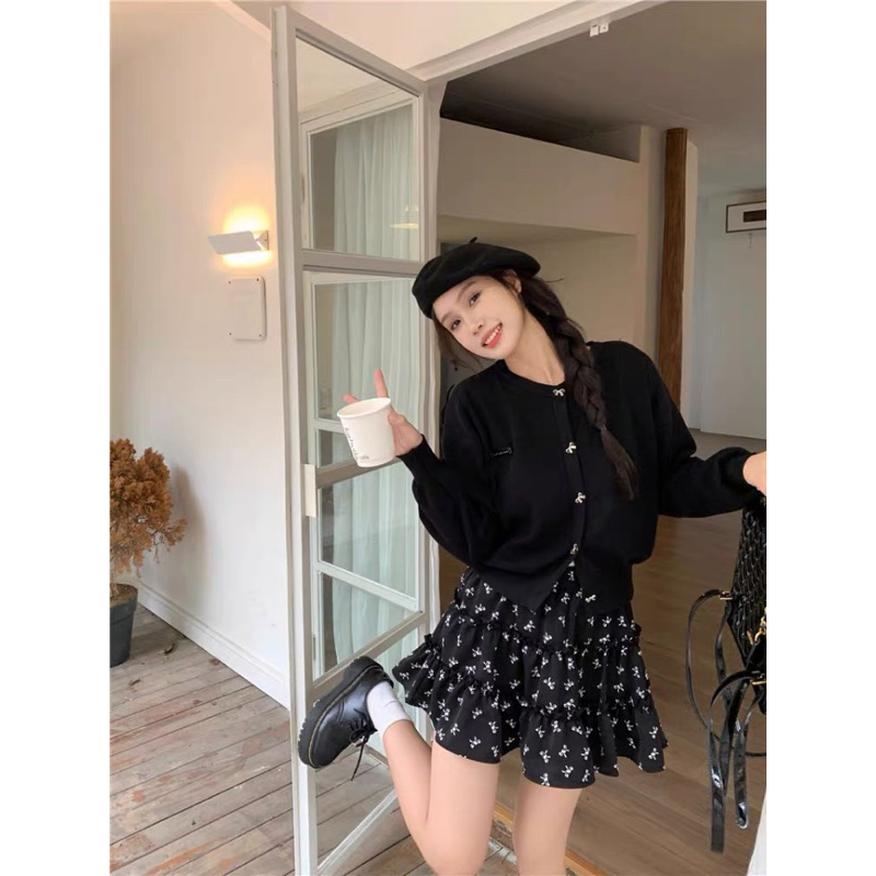 Set áo len dệt kim cúc nơ + chân váy hoa nhí phong cách vintage M11