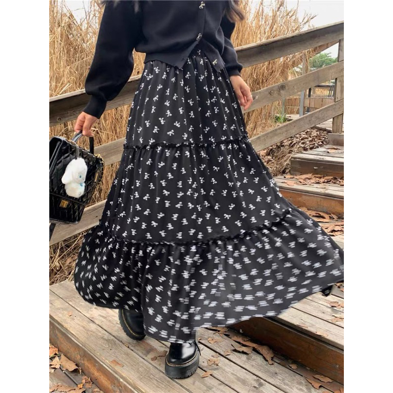 Set áo len dệt kim cúc nơ + chân váy hoa nhí phong cách vintage M11