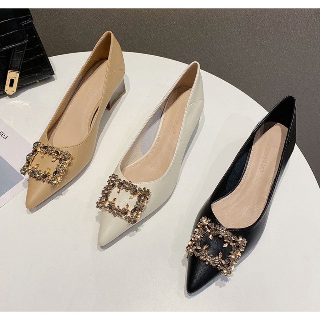 Giày Cao Gót Nữ Mũi Nhọn Mix Đá, Giày Cao Gót Đế Vuông Cao 4 Phân Da Mềm Cao Cấp_Dazzling Shoes DA761