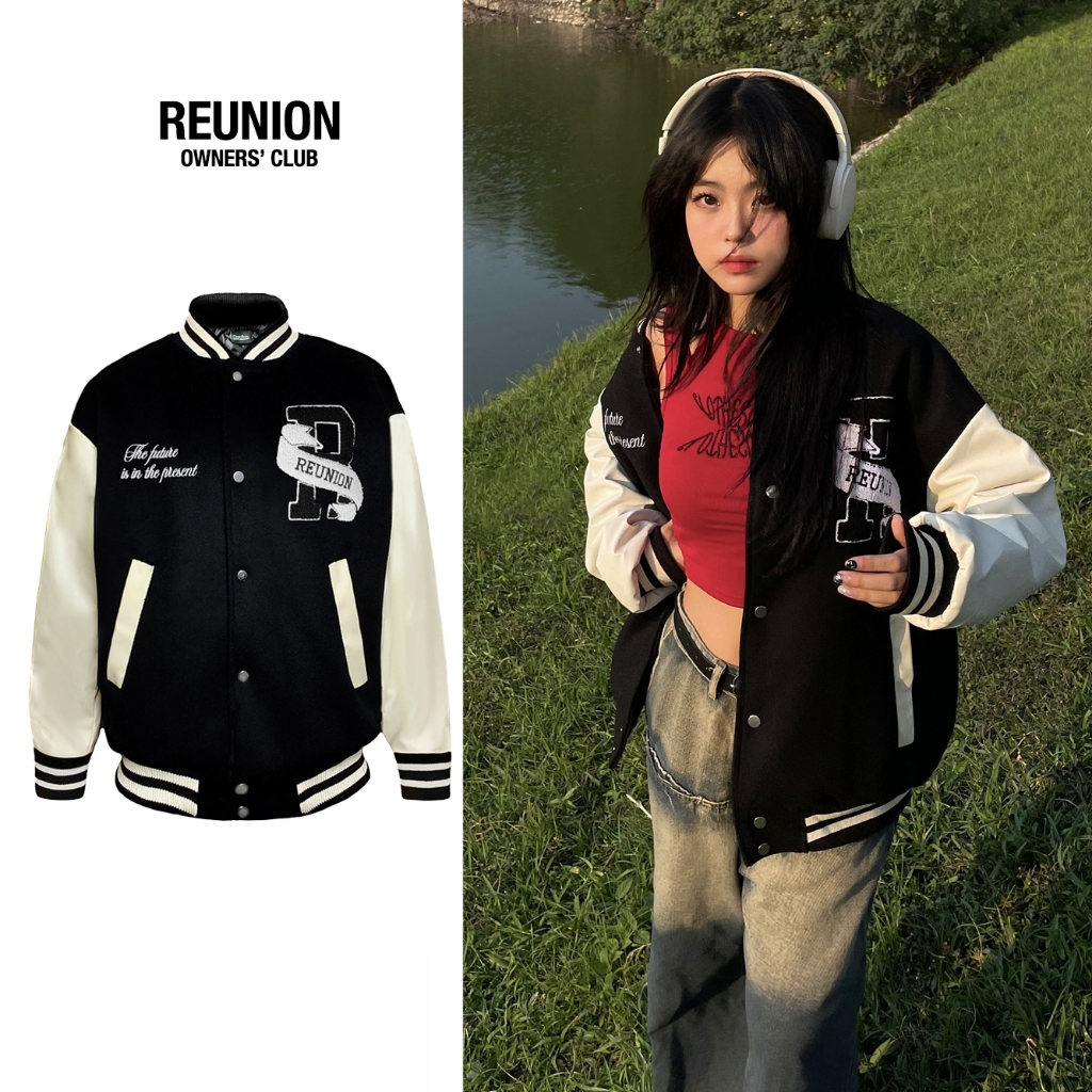 REUNION Varsity Jacket - Áo khoác dạ phối tay da thêu xù chân bông chính hãng REUNION