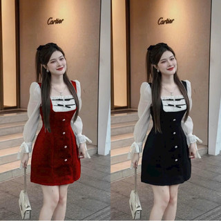 Đầm cổ vuông tay dài thời trang đi chơi xinh chất vải Nhung cứng phối tơ mềm đính nơ ngực,