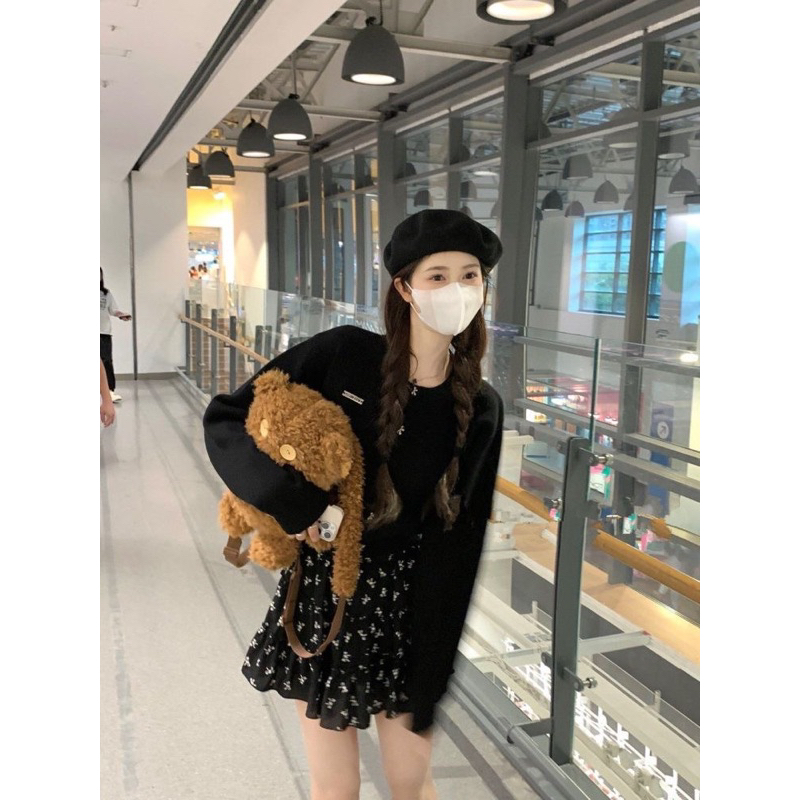 Set áo len dệt kim cúc nơ + chân váy hoa nhí phong cách vintage M11