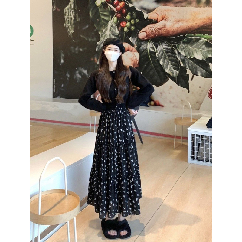 Set áo len dệt kim cúc nơ + chân váy hoa nhí phong cách vintage M11