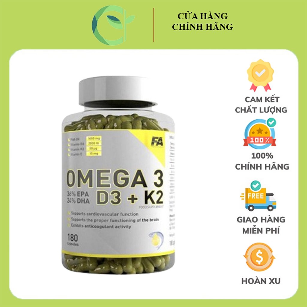 Dầu Cá FA Omega 3 D3 + K2 Vitamin E 180 Viên - Bảo Vệ Tim Mạch, Não Bộ Và Thị Lực