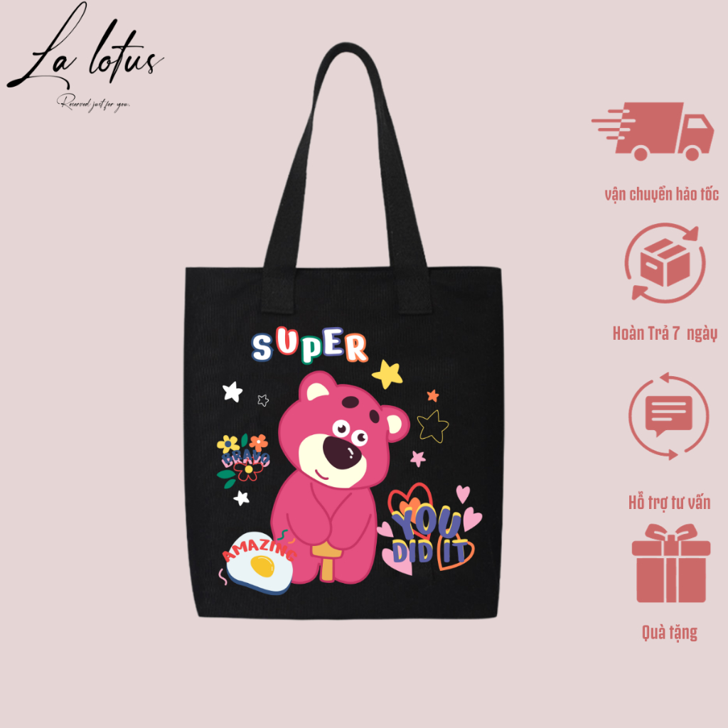 Túi tote La Lotus vải canvas bộ sưu tập gấu dâu lostso có khóa kéo đáy mở rộng, GD03