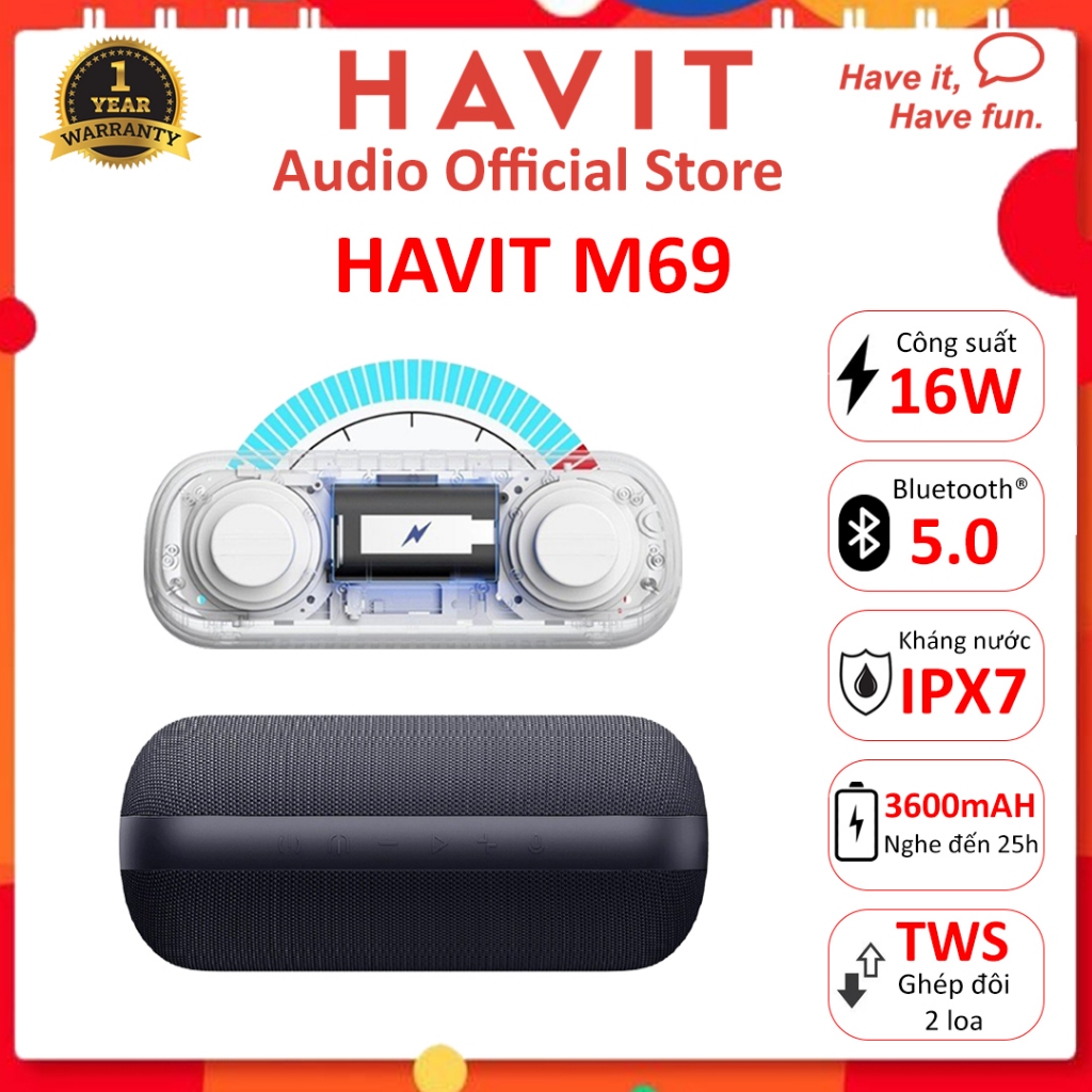 Loa Bluetooth HAVIT M69 Công Suất 2x8W, BT 5.0,Màng Loa 48mm, Kháng IPX7, Nghe Đến 25H - Chính Hãng BH 12 Tháng