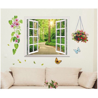 Decal dán tường trang trí cửa sổ giỏ hoa