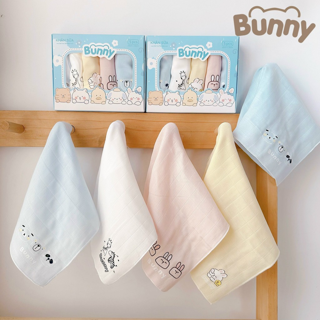 Set 5 Khăn sữa sợi tre lụa Bunny, Boona Siêu Mềm Mại Cho Bé