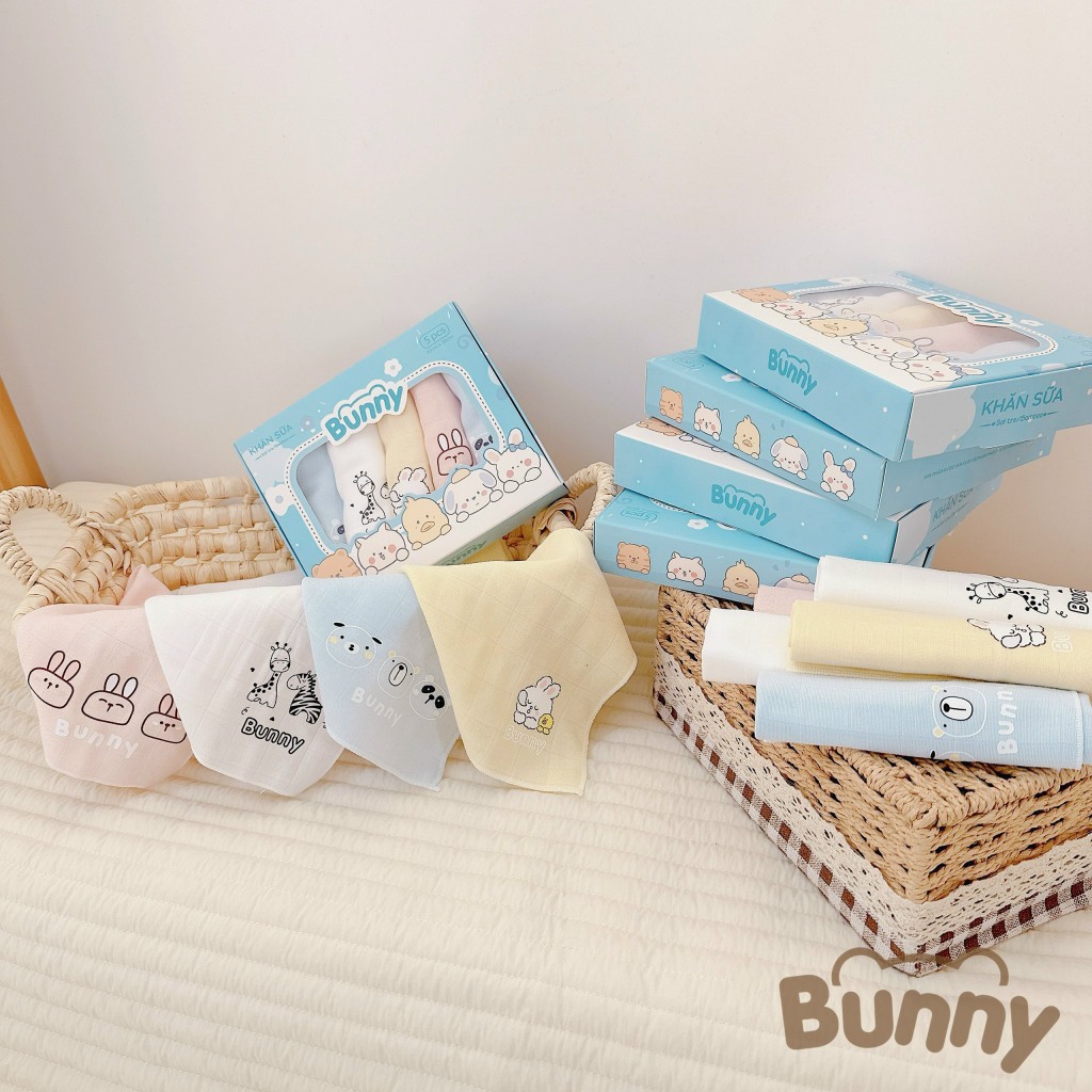 Set 5 Khăn sữa sợi tre lụa Bunny, Boona Siêu Mềm Mại Cho Bé