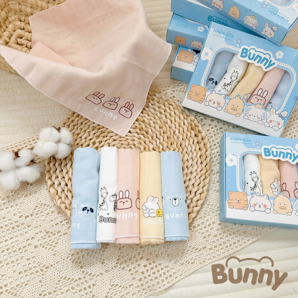Set 5 Khăn sữa sợi tre lụa Bunny, Boona Siêu Mềm Mại Cho Bé