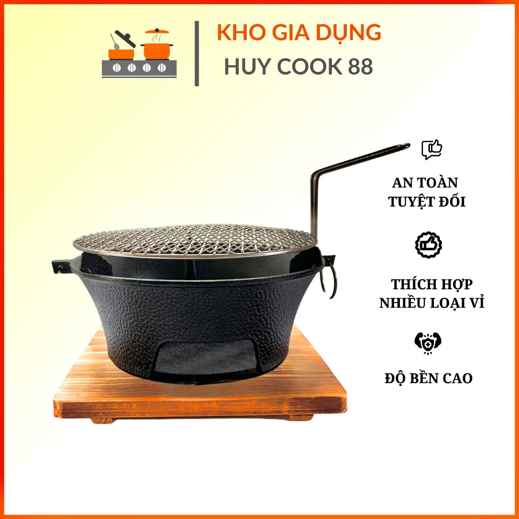 Bếp nướng than hoa bằng Gang kèm đế gỗ và vỉ inox304 Huycook88