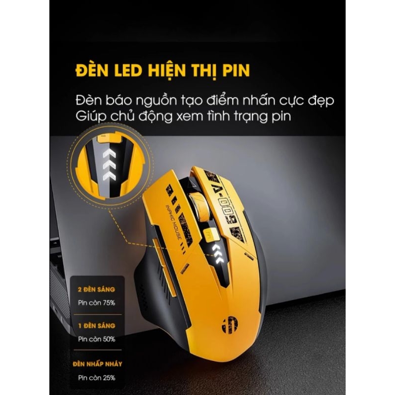 Chuột không dây bluetooth TEKKIN A9 gaming máy tính 6 nút silent tắt âm led hiển thị pin gundam game công thái học
