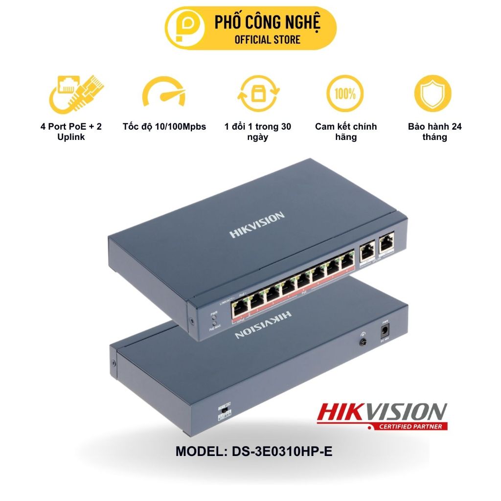 Switch mạng 8 cổng PoE 2 cổng Uplink Hikvision DS-3E0310HP-E