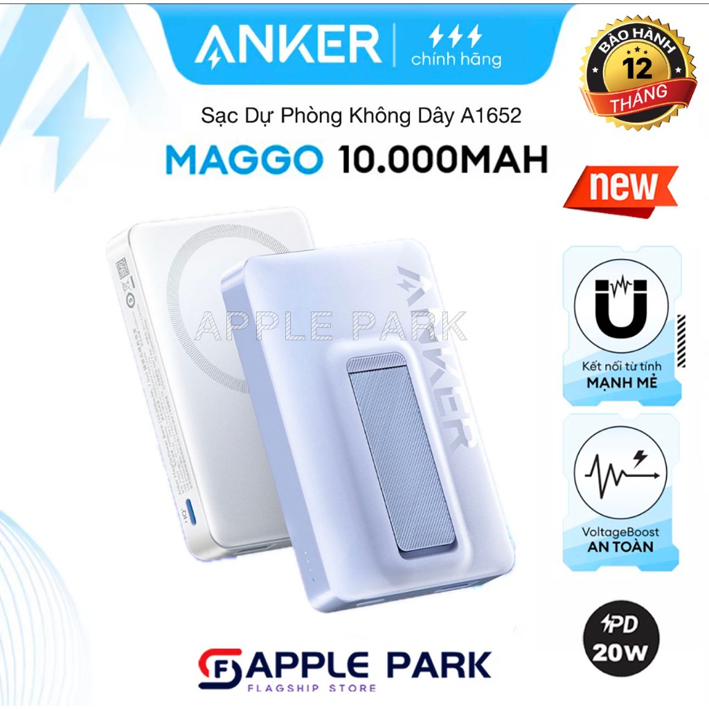 Sạc Dự Phòng Không Dây Từ Tính Anker MagGo A1652 A1642 PD 20W 10000mAh,Cho 12/13/14/15 Series,Sạc K Dây 15W,Bảo Hành 12T