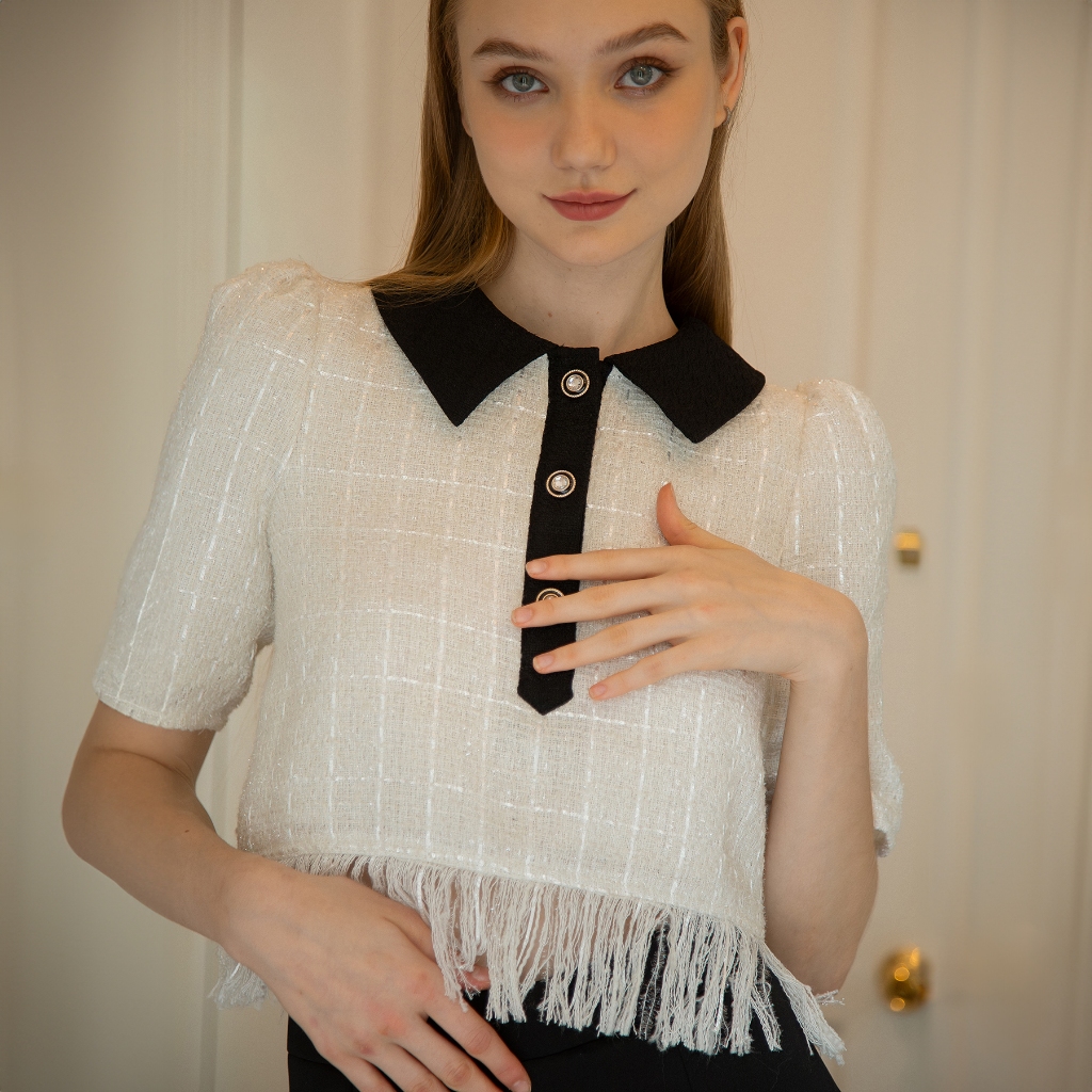 Áo Tweed Caro Tay Lỡ Tà Áo Tua Rua Sang Trọng - EDINI - A1630