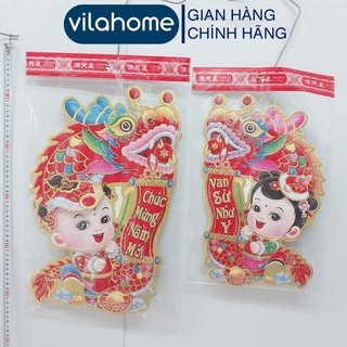 Decal mẫu cô cậu múa rồng vilahome, decal trang trí tết 2025 dán kính, dán tường, sắc nét, bền đẹp