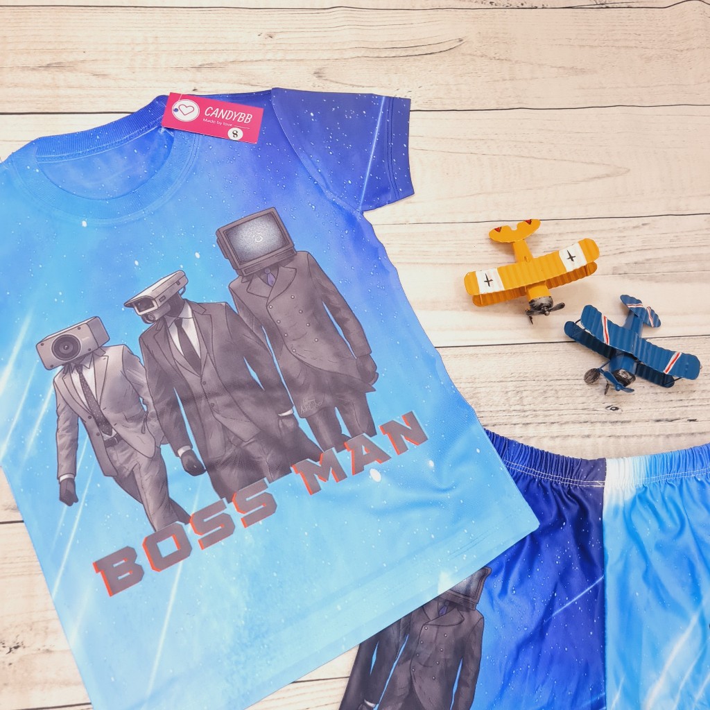 Bộ thun lạnh Skibidi Toilet, Titan Tivi Man, Skibidi Man bé trai, con nít, Cổ Tròn Tay Ngắn, Có size cho bé 10kg - 60kg