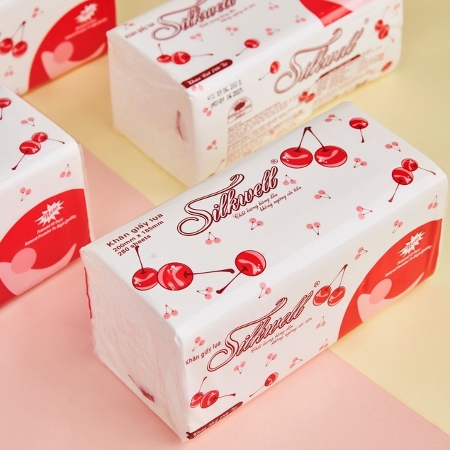 Thùng 9 gói giấy ăn rút lụa Cherry đỏ cao cấp Silkwell 280 tờ 2 lớp mềm mịn, Khăn lau tay, Giấy ăn rút
