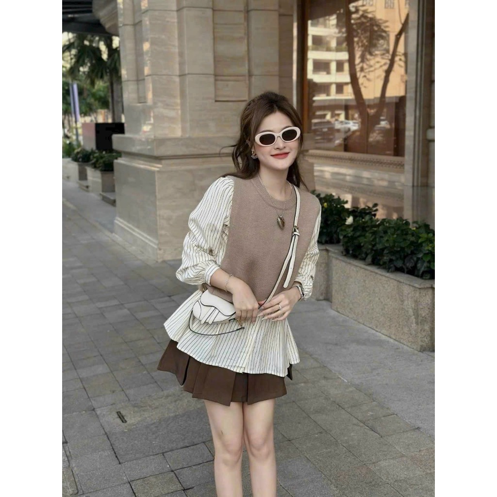 BIGSIZE HIẾU HIẾU  - Set gile nâu 3 món áo sơ mi sọc tay dài kèm chân váy xếp li
