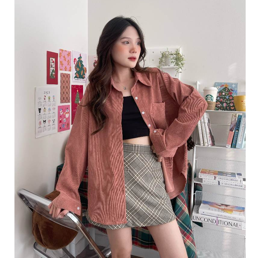 Áo sơ mi nhung gân freesize thêu tim Heartie Shirt - by ufo.thebasic