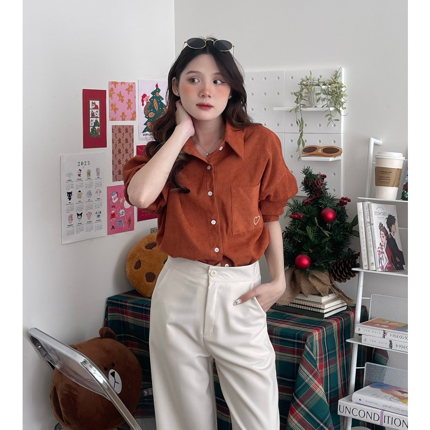 Áo sơ mi nhung gân freesize thêu tim Heartie Shirt - by ufo.thebasic