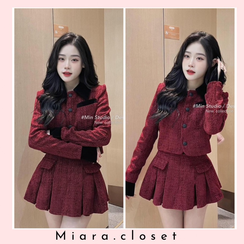 Set Dạ đỏ phối cổ Nhung mix chán váy xếp ly kèm quần ,set đi chơi Noel siu xinh