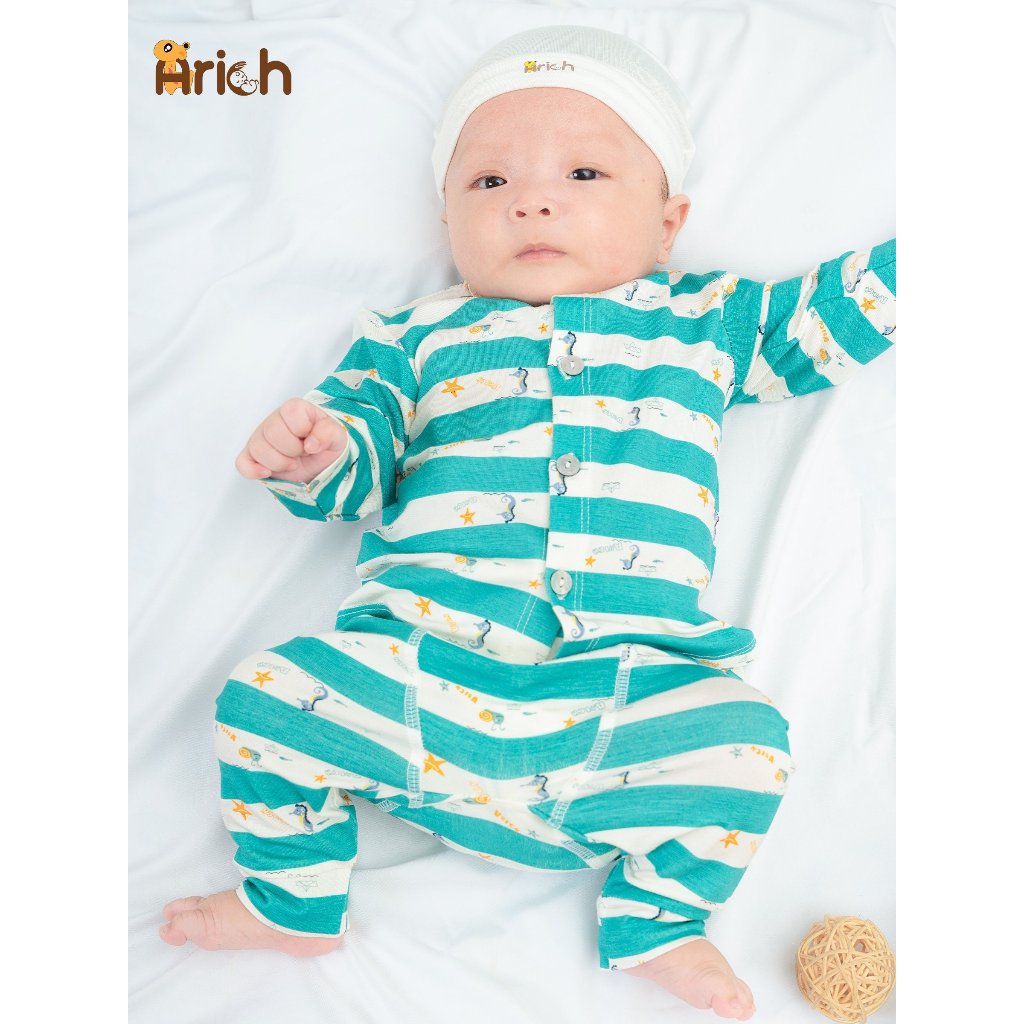 Newborn-18 tháng, Bộ dài tay cài thẳng phối sọc họa tiết vải sợi tre Arich