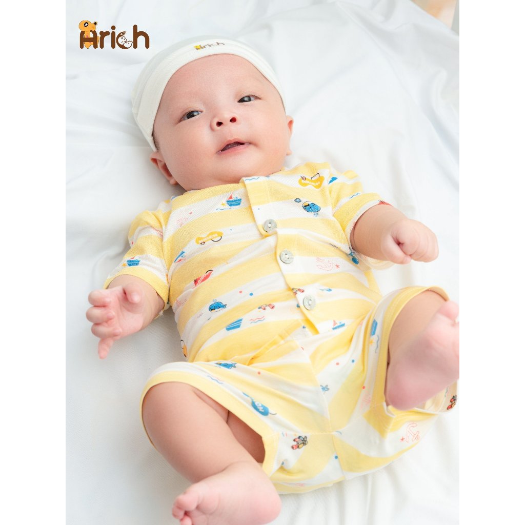 Newborn-18 tháng, Bộ dài tay cài thẳng phối sọc họa tiết vải sợi tre Arich